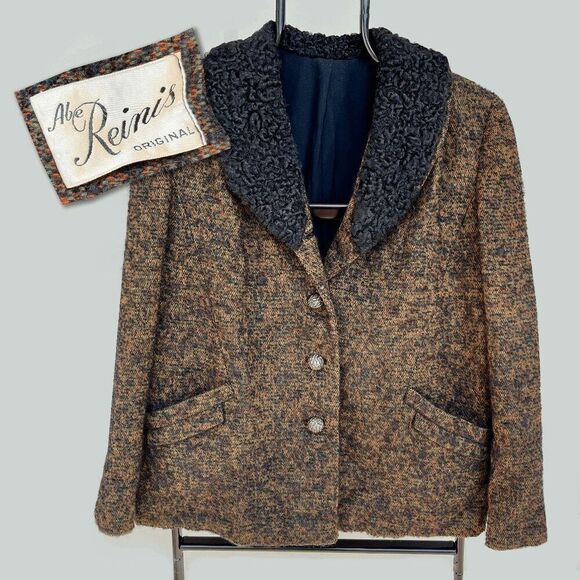 VTG 1950's Parisian Curly Lamb Fur Collar Wool Blend Jacket Coat by Abe Reinis -